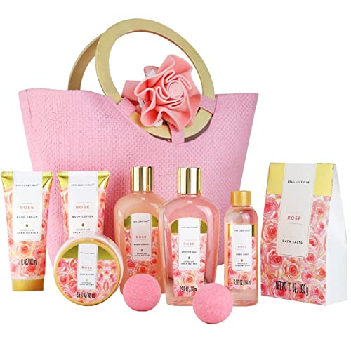 Bath Spa Gift Basket for Women - Spa Luxetique Spa Set for Women Gift, 10pcs Rose Spa Basket, Relaxing Spa Kit with Bath Salts, Body Lotion, Shower Gel, Gifts for Birthday Day, Gifts for Women