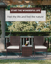 Load image into Gallery viewer, MOOSENG Outdoor Patio Furniture Sets, 3 Pieces Rattan Wicker Chairs, Garden Lawn Conversation with Cushioned and Glass Coffee Table for Lounge, Backyard Pool, Brown
