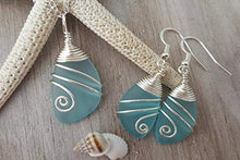 Load image into Gallery viewer, Handmade in Hawaii, Wire wrapped turquoise bay blue sea glass Necklace+Earrings Set,&quot;December Birthstone&quot;, (Hawaii Gift Wrapped, Customizable Gift Message)
