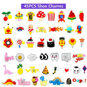 FOOIND 45PCS Shoe Charms Glow in the Dark & 1 Wristbands ,Food Pattern Shoe Charms for Croc Clog Shoes Bands Bracelet Wristband Party, Dinosaur Pattern Shoe Charms for Teens Children Birthday Gifts