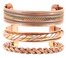 Load image into Gallery viewer, Touchstone Copper magnetic healing bracelet Tibetan style. Hand forged with solid and high gauge pure copper. Set of 3 different designs with 3 metal shades.
