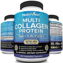 Load image into Gallery viewer, Nutrivein Multi Collagen Pills 2250mg - 180 Collagen Capsules - Type I, II, III, V, X - Anti-Aging, Healthy Joints, Hair, Skin, Bones, Nails, Hydrolyzed Protein Collagen Peptides for Woman and Men
