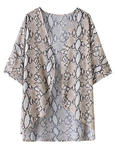 Women's Snake Print Tops Kimono Cover Ups Shirts Summer Chiffon Beach Boho Sheer Cardigan S