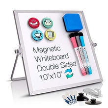 Load image into Gallery viewer, Small Dry Erase White Board - Desktop Whiteboard 10"X10" with Stand, 3 Markers, 4 Magnets &amp; Eraser - Tabletop Double-Sided Portable Mini White Board Easel for Office Desk, Kids Home School Students
