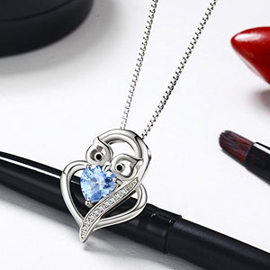 Cuoka Sterling S925 Silver Blue Love Heart with Owl Pendant Necklaces for Mom Jewelry Women Necklace