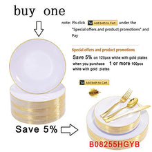Load image into Gallery viewer, NERVURE 100Pieces White with Gold Rim Plastic Plates- 7.5inch Disposable Gold Salad/Dessert Plates-Ideal for Weddings&amp; Parties
