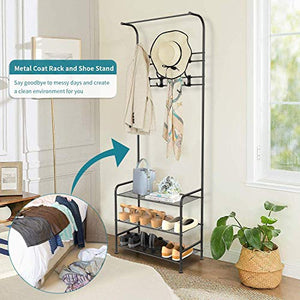 alvorog Entryway Coat Rack Shoe Bench, 3-in-1 Hall Tree, 3-Tier Storage Shelves with 16 Hooks Multifunctional Hallway Organizer, Easy Assembly (Black)