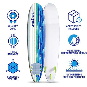 Wavestorm Classic Soft Top Foam 8ft Surfboard | Surfboard for Beginners and All Surfing Levels | Complete Board Set Including Accessories | Leash and Fins, Blue Brushed