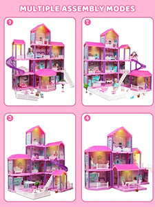 Doll House, Dollhouse w/ Furniture - Pink / Purple Girl Toys | 4 Stories, 11 Rooms w/ 2 Princesses, Slide, Lights, Gifts for 3 4 5 6 7 8 9 10 Year Old Girls Toys(27.6" x 26.8" x 35.8")