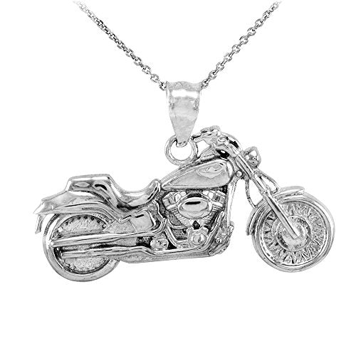 925 Sterling Silver High Polish Biker Charm Motorcycle Pendant Necklace, 16