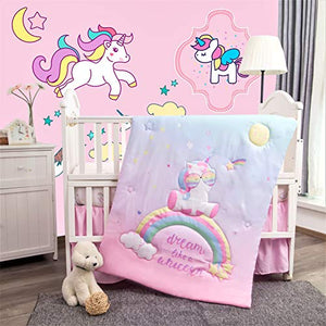 La Premura Unicorn Baby Nursery Crib Bedding Set for Girls – Baby Unicorn & Rainbows 3 Piece Standard Size Crib Bedding Sets in Pink, Yellow & Green