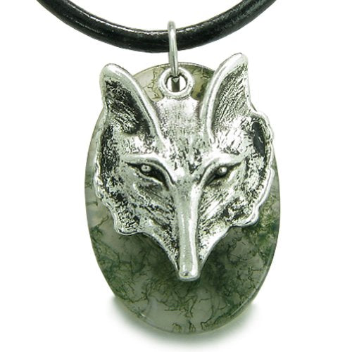 BestAmulets Amulet Courage Wise Wolf Head Good Luck Powers Moss Agate Leather Pendant Necklace