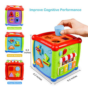 VAJEME Baby Activity Cube, Shape Sorter Blocks Baby Toy 18 Months and Up, Music Learning Toys for Toddlers Infant , Early Educational Puzzle Development Sorting Cube