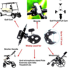 Load image into Gallery viewer, DHYSTAR Cell Phone Holder Mount Clip for Golf Cart Accessories, Music Microphone Stand Pole, Wheelchair Walker, Stroller, Boat, Bicycle Handlebar, Exercise Spin Bike, Clamp Fits Most Smartphones
