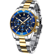 Load image into Gallery viewer, Mens Watches Chronograph Gold Blue Stainless Steel Waterproof Date Analog Quartz Business Casual Fashion Wrist Watches for Men
