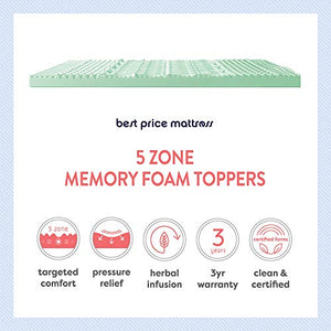 Best Price Mattress 1.5 Inch 5-Zone Memory Foam Mattress Topper, Calming Aloe Vera Infusion, CertiPUR-US Certified, Twin