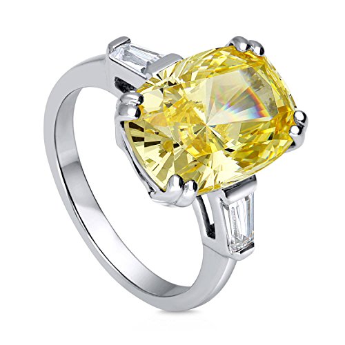BERRICLE Rhodium Plated Sterling Silver Canary Yellow Cushion Cut Cubic Zirconia CZ Statement 3-Stone Cocktail Anniversary Fashion Right Hand Ring Size 7