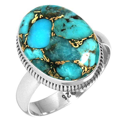 925 Sterling Silver Women Jewelry Copper Blue Turquoise Ring Size 9