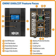 Load image into Gallery viewer, Tripp Lite OMNI1500LCDT 1500VA UPS Battery Back Up AVR LCD Display 10 Outlets 120V 810W Tel &amp; Coax Protection USB, 3 Year Warranty &amp; $250,000 Insurance, Black
