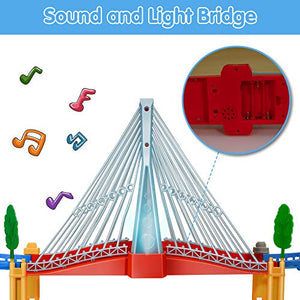 BeebeeRun Kids Car Race Track Set, Flexible Train Tracks for Toddlers with Musical Bridge and LED Electric Train Set, Car Track Toys for Boys and Girls