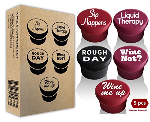 Load image into Gallery viewer, 5 Wine Stoppers + Gift Box - Perfect Wine Gift Accessory, Set of 5 Funny Silicone Wine Reusable Caps Stoppers for Wine and Beer Bottles – Vinaka Wine Stoppers