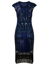 Load image into Gallery viewer, Vijiv 1920s Vintage Inspired Sequin Embellished Fringe Long Gatsby Flapper Dress,Large,Blue
