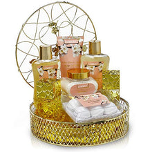 Load image into Gallery viewer, Bath and Body Gift Basket For Women - 13 Piece Set of White Rose and Jasmine Scented Cosmetic and Home Spa Set with Bath Bombs, Body Mist, Perfume, Intricate Gold Perfume Holder and More
