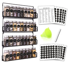 Load image into Gallery viewer, SWOMMOLY 4 Tier Wall Mount Spice Rack Organizer with 36 Spice Jars, 396 Spice Labels, Chalk Marker and Funnel Complete Set. Stackable Foldable Hanging Spice Shelf Storage Racks.
