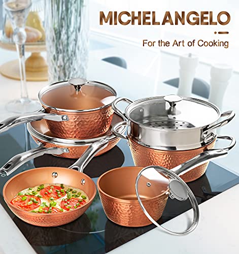 Load image into Gallery viewer, MICHELANGELO Copper Pots and Pans Set, Nonstick Copper Cookware 12 Piece, Hammered Pots and Pans Set, Kitchen Cookware Sets with Fry Pans, Stock Pans, Lids, Cooking Utensils - Induction Compatible
