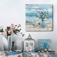 Load image into Gallery viewer, Bathroom Decor Wall Art Blue Beach Picture Ocean Theme Flower Canvas Print Modern Coastal Seascape Painting Framed Seaside Artwork Floral Daisy in Indian Vase for Home Sea Lake Bedroom 14x14inch
