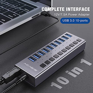 Powered USB Hub - ACASIS 10 Ports 48W USB 3.0 Data Hub - with Individual On/Off Switches and 12V/4A Power Adapter USB Hub 3.0 Splitter for Laptop, PC, Computer, Mobile HDD, Flash Drive and More