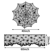 Load image into Gallery viewer, Shan-S Halloween Decorations Set of 4,Halloween Lace Spider Web Table Runner,Round Table Cover,Fireplace Mantle Scarf and Lamp Shades for Festival Ornament Party DIY Haunted House Decoration
