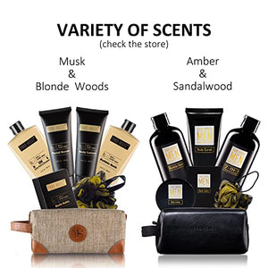 YARD HOUSE Bath and Body Spa Gifts Baskets Set for Men - Sandalwood & Amber – 7Pcs Men’s Spa Kit with Body wash, Bubble bath, Bath Salt, Body Lotion, Body Scrub, Loofah and Leather Toiletry Bag