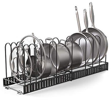 Load image into Gallery viewer, Vdomus extensible pot rack organizer with 4 DIY methods, length adjustable and max extended to 31 inches 13+ pans holder, black metal kitchen cabinet pantry pot lid holder
