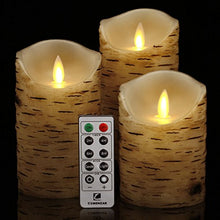 Load image into Gallery viewer, Comenzar Flickering Candles, Candles Birch Set of 3 (H: 4" 5" 6" x D: 3.25")Birch Bark Battery Candles Real Wax Pillar with Remote Timer
