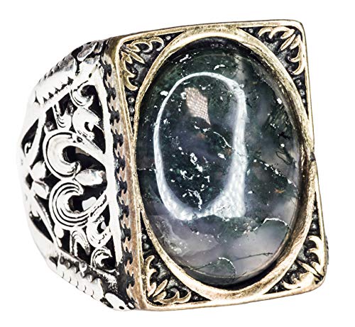 Falcon Jewelry 925 Sterling Silver Mens Ring, Moss Agate Natural Gemstone, Free Express SHİPPİNG