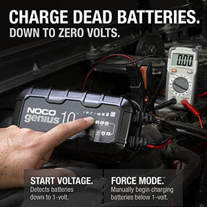 NOCO GENIUS10, 10-Amp Fully-Automatic Smart Charger, 6V and 12V Portable Battery Charger, Battery Maintainer, Trickle Charger, and Battery Desulfator with Temperature Compensation