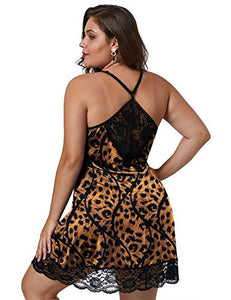 XAKALAKA Women Plus Size Babydoll Lingerie Back Crisscross Lace Trim Chemise Sleepwear Leopard-1 2X