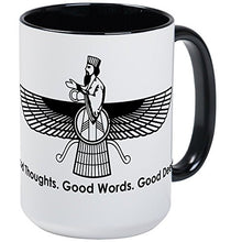 Load image into Gallery viewer, CafePress Farvahar Design II: Good Thoughts, Words, Deeds Mu Coffee Mug, Large 15 oz. White Coffee Cup
