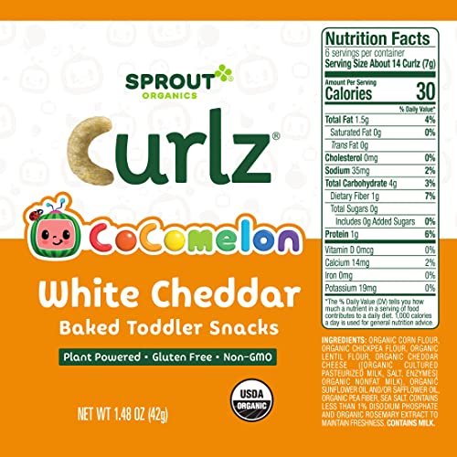 Load image into Gallery viewer, CoComelon Sprout Organic Baby Food, Toddler Snacks, White Cheddar Plant Power Curlz, 1.48 Oz Canister (6 Count)