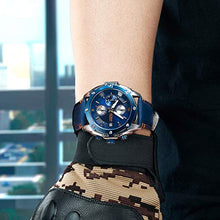 Load image into Gallery viewer, MEGIR Men Business Analogue Quartz Watch with Fashion Blue Leather Strap Chronograph Luminous Auto Calendar for Sport &amp; Work 2074 Blue
