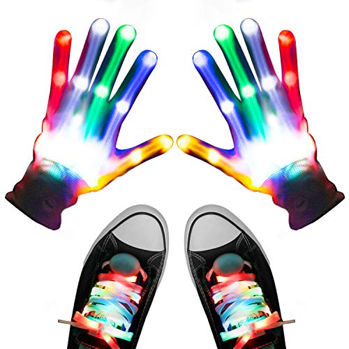 Aywewii LED Gloves, Light Up Gloves for Kids, Flashing LED Gloves with LED Shoelaces Set, Children LED Gloves Glow Flashing Novelty Kids Toys for Best Costume Gift Indoor(White)