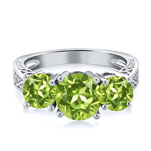 Gem Stone King Sterling Silver Round Green VS Peridot 3-Stone Women's Ring (2.35 Carat Gemstone Birthstone) (Size 7)