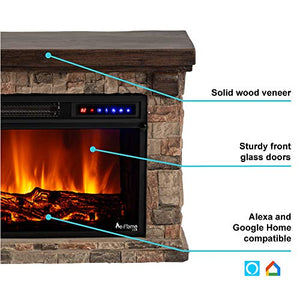 e-Flame USA Telluride LED Electric Fireplace Stove with Faux Wood and Stone Mantel - Remote - 3D Log and Fire