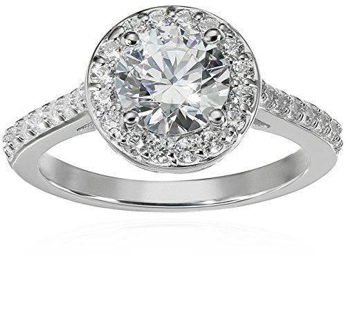 Platinum-Plated Sterling Silver Round-Cut Halo Ring made with Swarovski Zirconia, Size 7