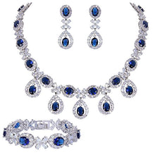 Load image into Gallery viewer, EVER FAITH Silver-Tone CZ Floral Leaves Water Drop Necklace Earrings Bracelet Set Blue Sapphire-Color
