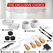 Load image into Gallery viewer, Cheese Board 2 Ceramic Bowls 2 Serving Plates. Magnetic 4 Drawers Bamboo Charcuterie Cutlery Knife Set, 2 Server Forks, Wine Opener, Labels, Markers, Gift for Birthdays, Wedding Registry,Housewarming
