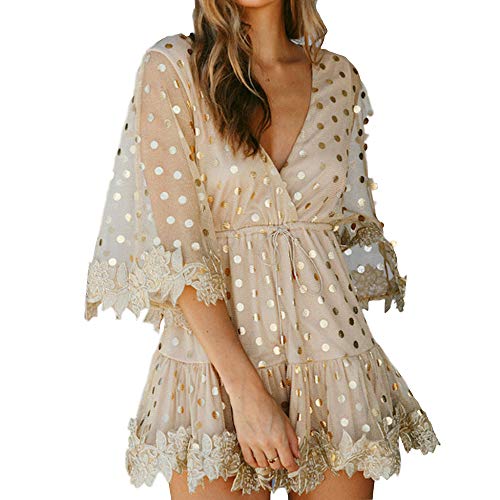Womens Dresses V Neck Three Quarter Sleeve Gold Dot Sequin Print Floral Trim A Line Elegant Summer Mini Dress (S, Gold)