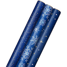 Load image into Gallery viewer, Hallmark Holiday Wrapping Paper with Cut Lines on Reverse (3 Rolls: 120 sq. ft. ttl) Starry Snowflakes, Winter Galaxy, Navy Blue, Gold for Christmas, Hanukkah, Birthdays, Graduations, Weddings
