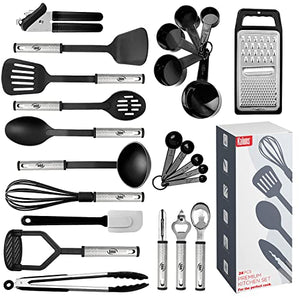 Kitchen Utensils Set 24 Nylon and Stainless Steel Cooking Utensil Set, Non-Stick and Heat Resistant Cooking Utensils Set, Kitchen Tools, Useful Pots and Pans Accessories and Kitchen Gadgets (Black)